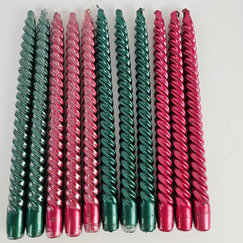 VTG 11 twisted 12" taper candles unburned red green holiday retro MCM